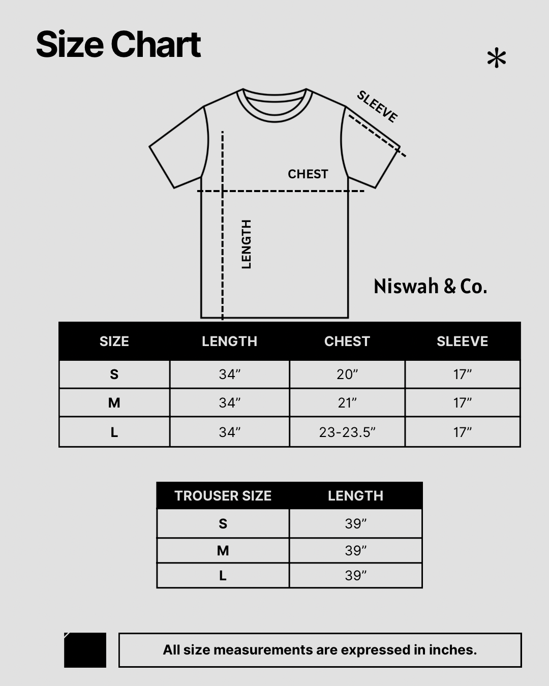 Size chart for Koh e Noor 3 pcs Suit