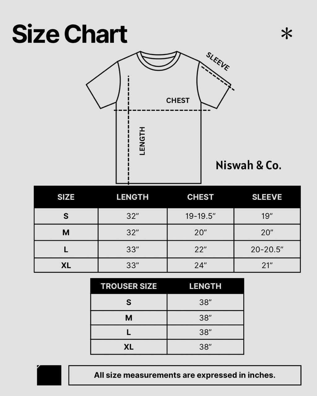 Size chart for Blue Mirage Co ord set